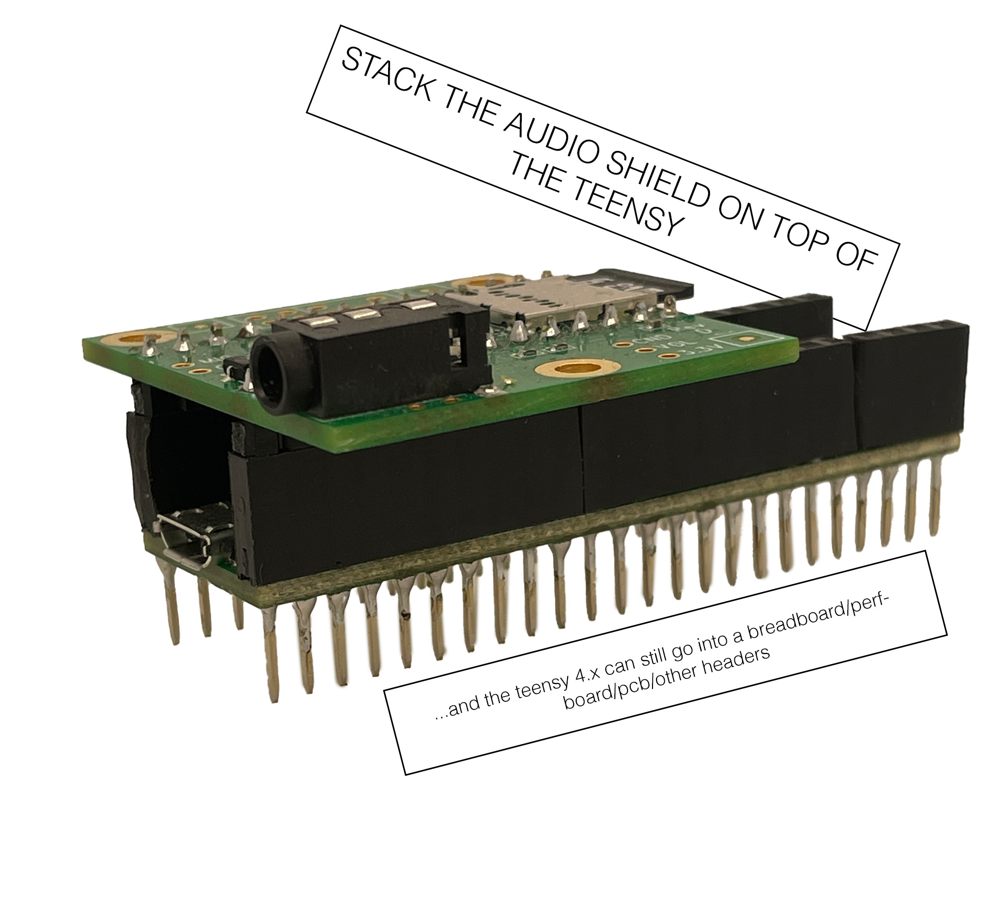 The Teensy 4.x audio shield stacked on top of a Teensy 4.1