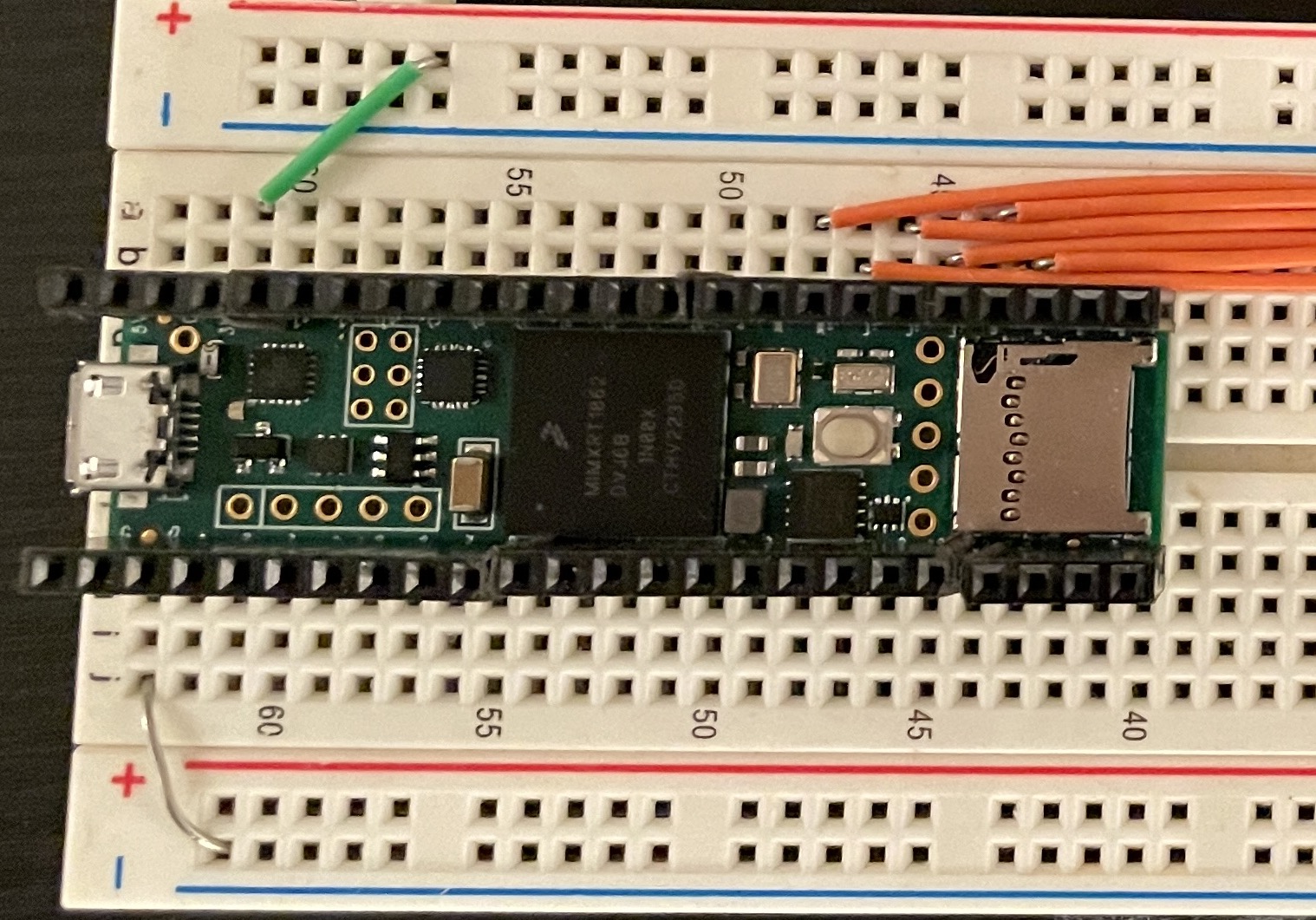 The Teensy 4.1 inserted into a breadboard